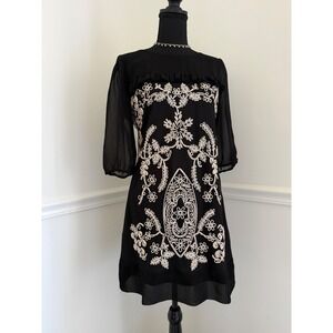aim Black Embroidered Mini Dress Sz 8 Sheer Balloon Sleeve Ruffle Trim Boho Chic